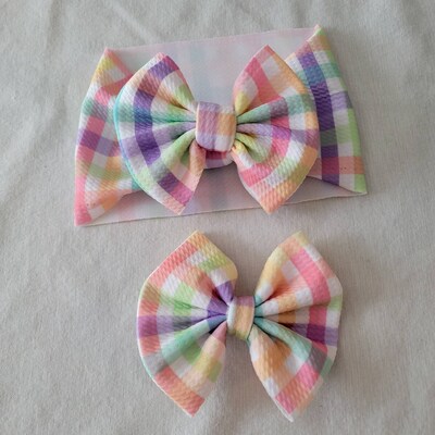 Pastel Check Plaid Knit Hair Bow - Headwrap - Clip - Pigtail Bows - Headband - Peach - Easter - Rainbow - Spring - Birthday - Purple - Small - image3